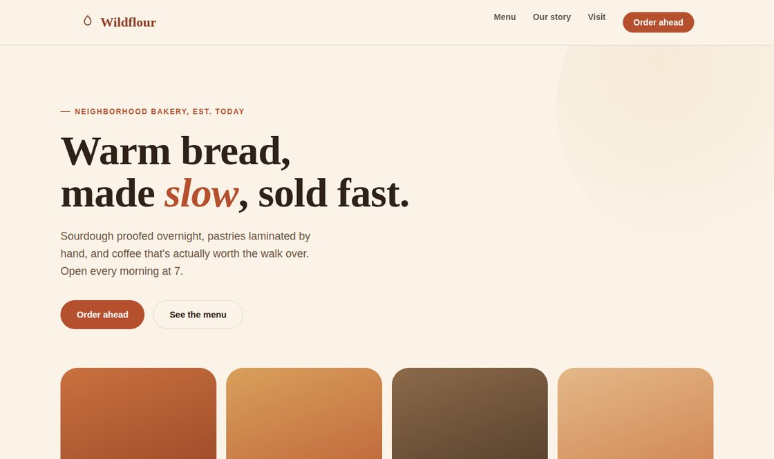 Concept design for a neighborhood bakery website, warm terracotta and cream palette