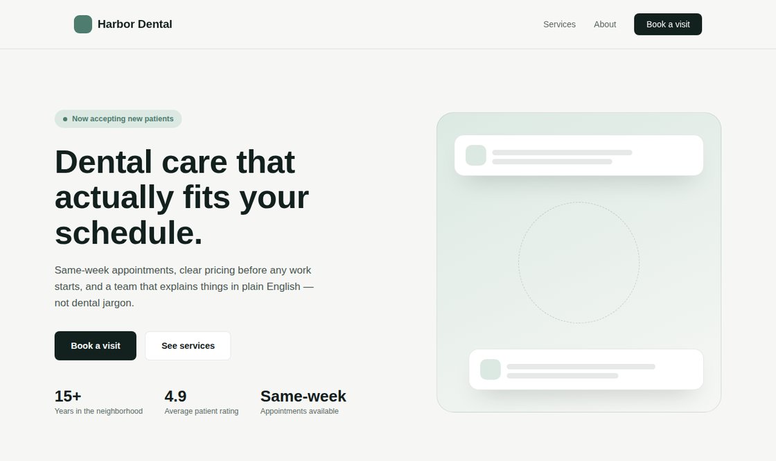 Concept design for a dental studio website, clean sage and navy palette